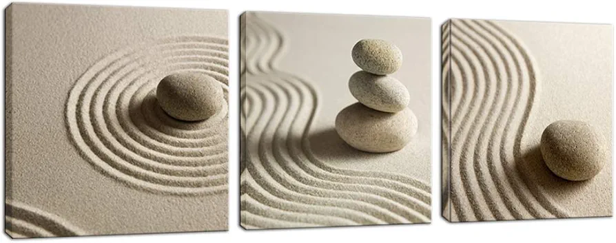 Artsbay 3 Piece Canvas Wall Art Zen Stone and Sand Giclee Print Artwork Calm Peaceful Still Life Picture Painting Modern Spa Room Wall Poster Decor Framed for Home Office Bedroom Bathroom Decoration