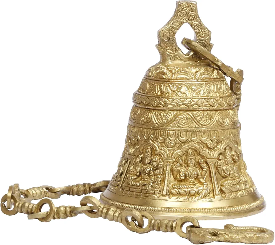 Deep Sound Big Astalaxmi Engraved Hanging Brass Temple Bell/Ghanta for Pooja Room, Mandir Or Home Decor