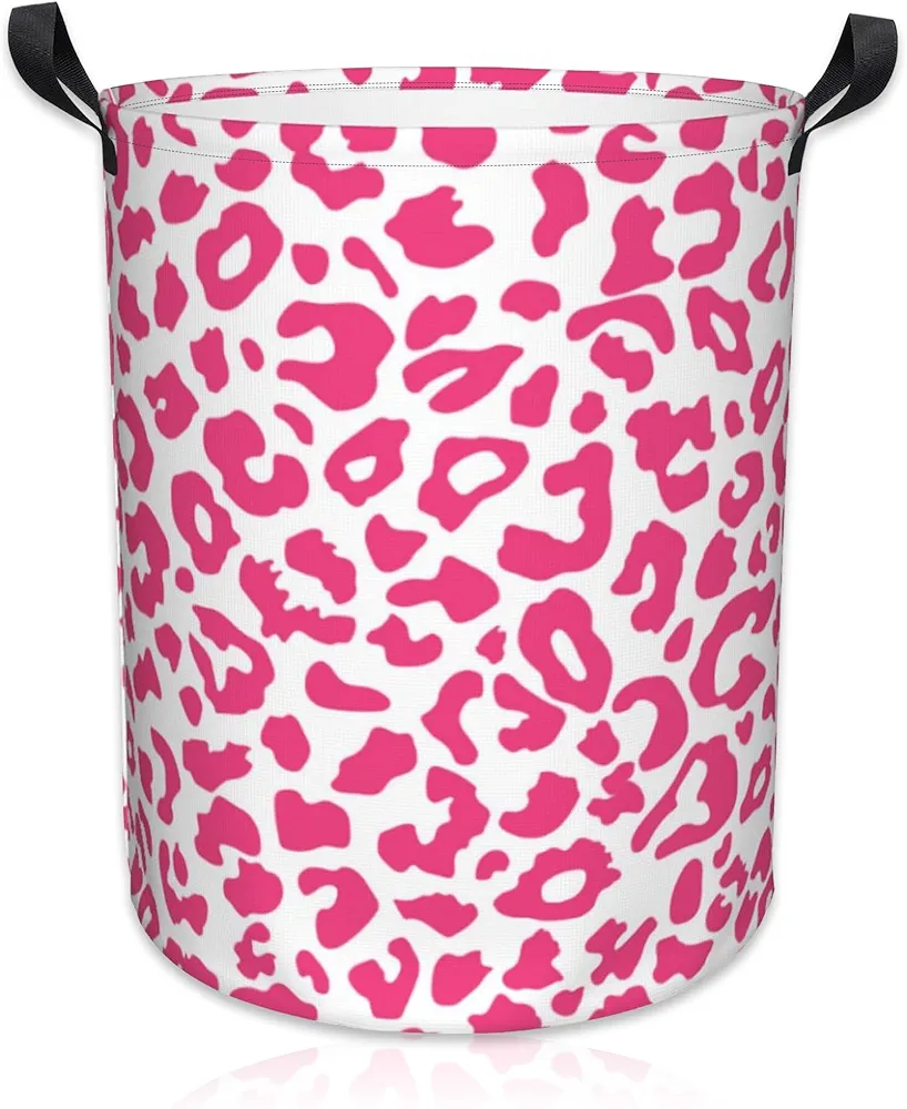 Pink Leopard Laundry Basket Foldable Laundry Hamper Waterproof Oxford Cloth Large Laundry Basket Clothes Storage Bucket Toy Organizer For Bathroom, Laundry, College 17.3 x16.5 Inch