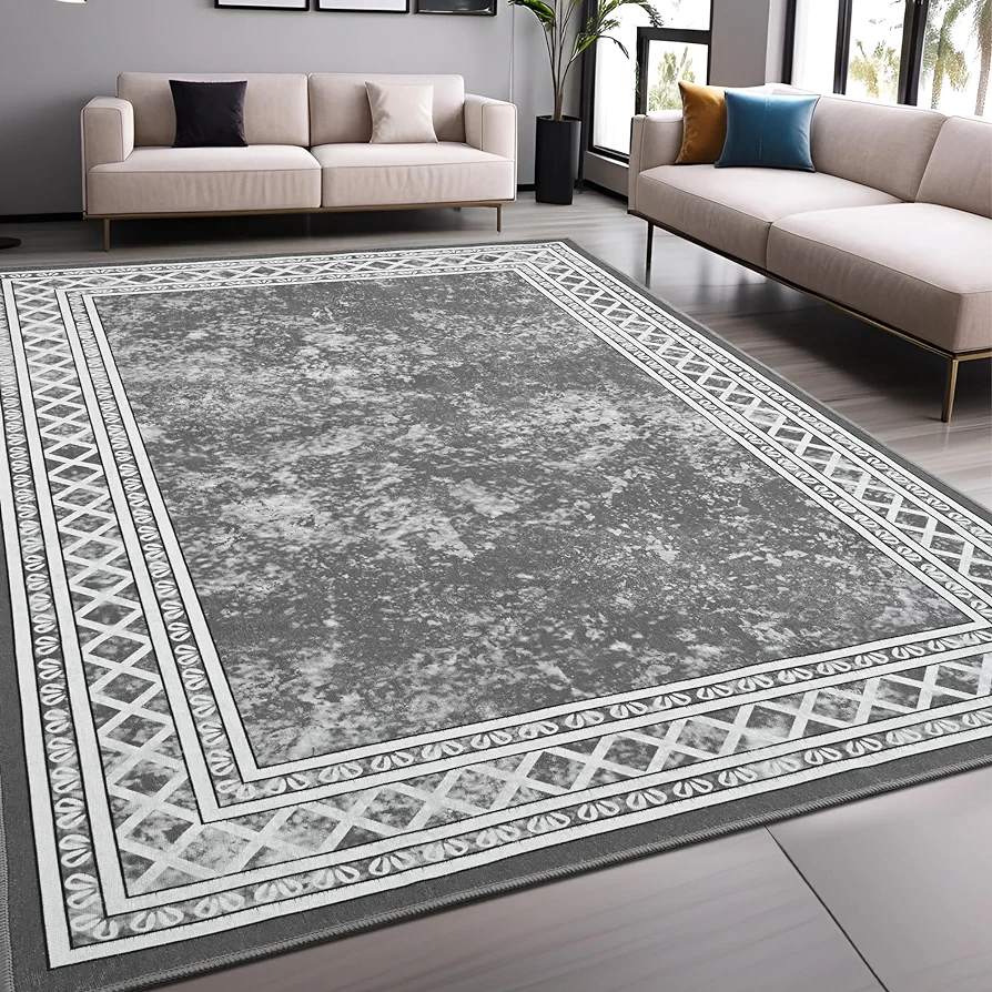 Tepook Modern Bordered 6x9 Area Rugs for Living Room, Indoor Machine Washable Rugs for Bedroom Aesthetic, Low Pile Throw Rugs with Rubber Backing for Office Dining Room Kitchen, Grey