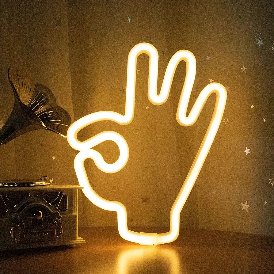 ENUOLI Hand Shape Finger Neon Signs OK Gesture LED Neon Light Signs USB or Battery Operated Hanging Decorative Neon Signs for Wall Bedroom Living Room Game Room Bar Christmas Birthday Party Gift