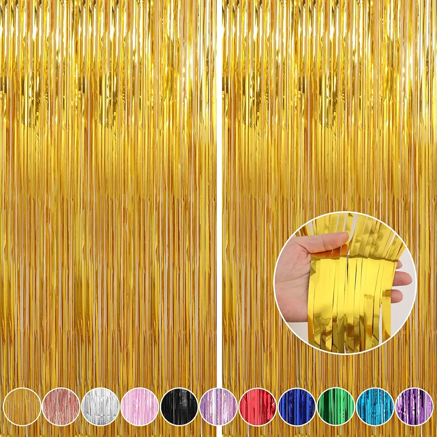 Crosize 2 Pack 3.3 ft x 8.2 ft Gold Foil Fringe Curtains Party Decorations, Gold Tinsel Curtain Backdrop for Parties, Door Streamers, Glitter Streamer fringe backdrop for Birthday Decoration