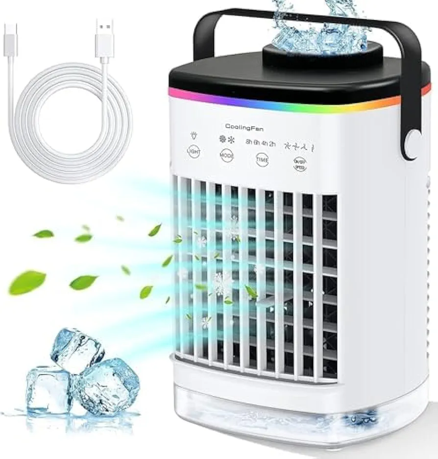 Portable Air Conditioners, Cooling fan Mini Air Conditioner Portable, 4 Wind Speed & 7 LED Light, 2 Cool Air Spray & 2-8H Timer, Personal Air Conditioner for room