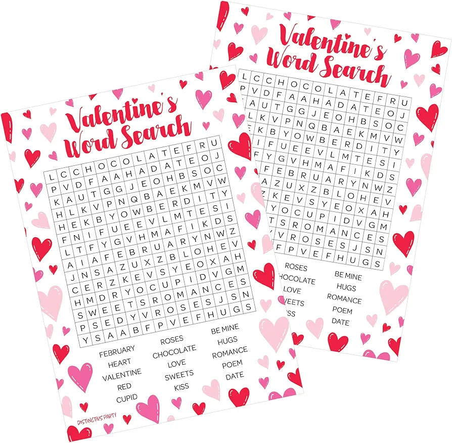 DISTINCTIVS Valentine's Day Word Search Classroom Party Game - 25 Player Cards