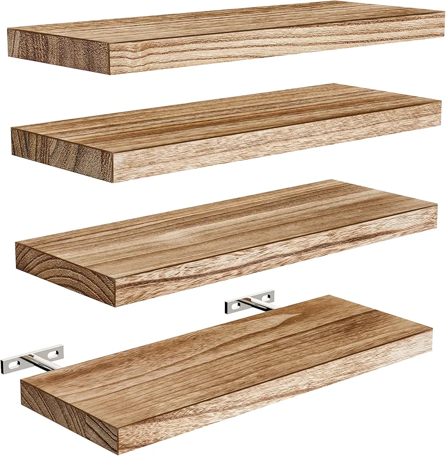 AMADA HOMEFURNISHING Floating Shelves, Paulownia Wood Wall Shelves for Bathroom/Living Room/Bedroom/Kitchen/Home Office, Wood Floating Shelf for Home Storage & Organization Set of 4 15.7" L x 5.9" W