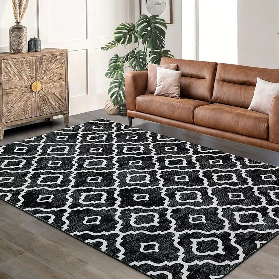 Washable Area Rug 5x7 Moroccan Rug Modern Geometric Rug Living Room Rug Non-Slip Boho Bedroom Throw Rug Black Abstract Printed Non-Shedding Carpet for Dining Room Dorm,5x7