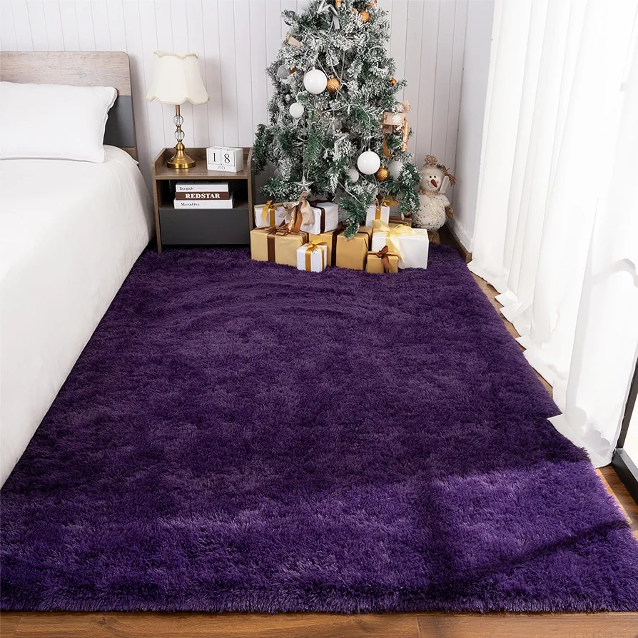 M Fluffy Shag Bedroom Rug, 4x6 Feet Purple Area Rugs for Living Room Nursery Bedside, Fuzzy Plush Dorm Rug for Girls Kids, Furry Carpet for Indoor Modern Soft Home Decor