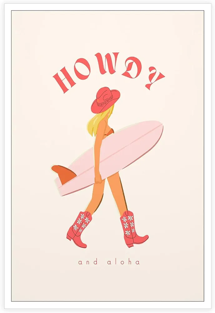 YODOOLTLY Trendy Coastal Cowgirl Canvas Wall Art Red Howdy And Aloha Surfer Girl Posters Preppy Surfs Up Blond Girl Beachy Wall Decor Print For Room Aesthetic Dorm Apartment 12x16in Unframed