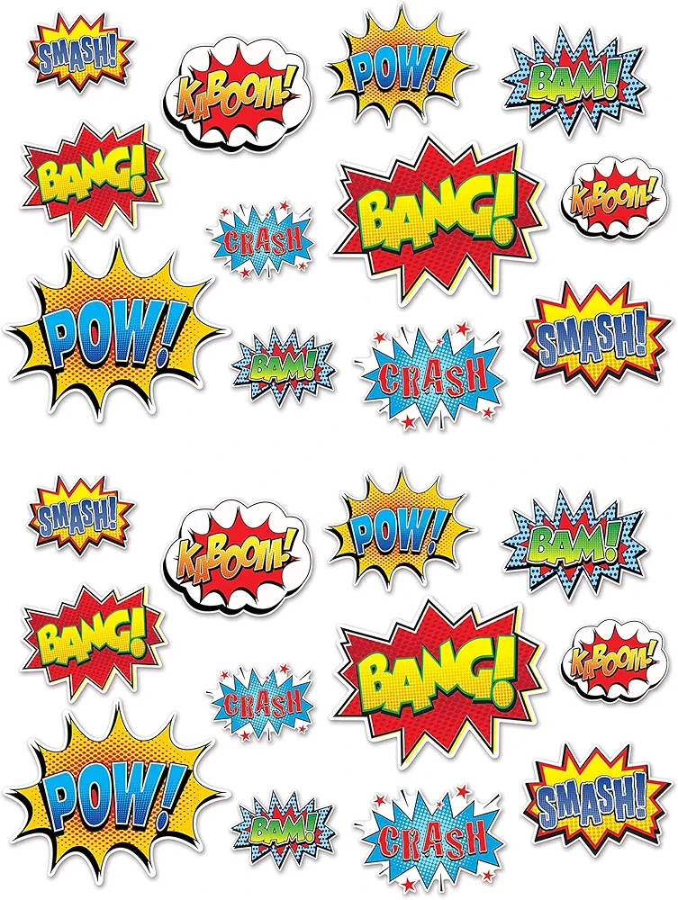 Beistle Hero Action Sign Cut Outs 24 Piece Comic Decorations Birthday Party Supplies 6” – 12.5”, Multicolored