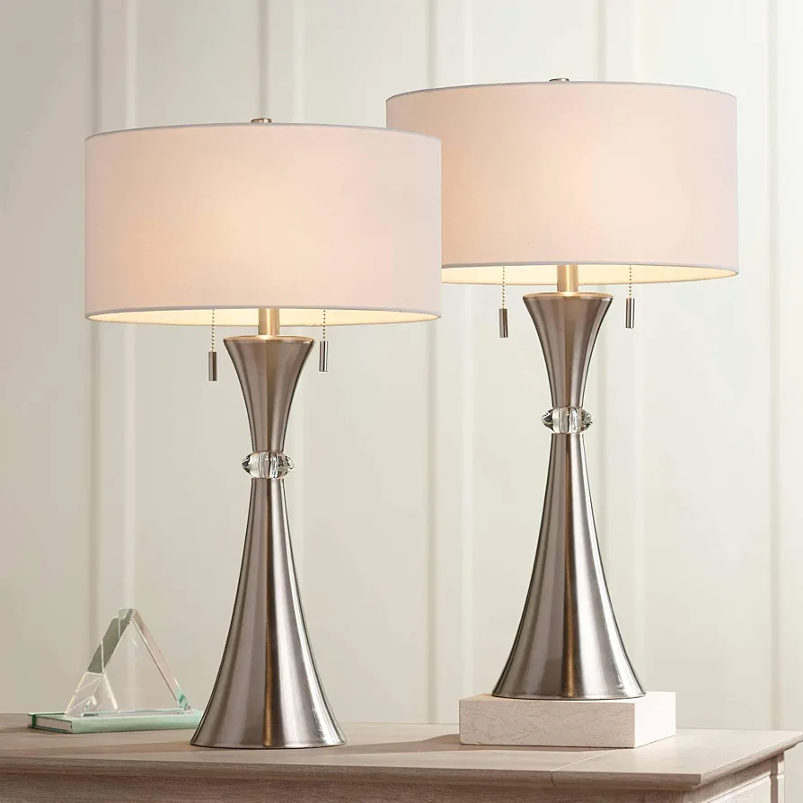 360 Lighting Rachel Modern Art Deco Table Lamps 28" Tall Set of 2 Concave Column Hourglass Silver Metal White Drum Shade for Living Room Bedroom House Bedside Nightstand Home Office Reading