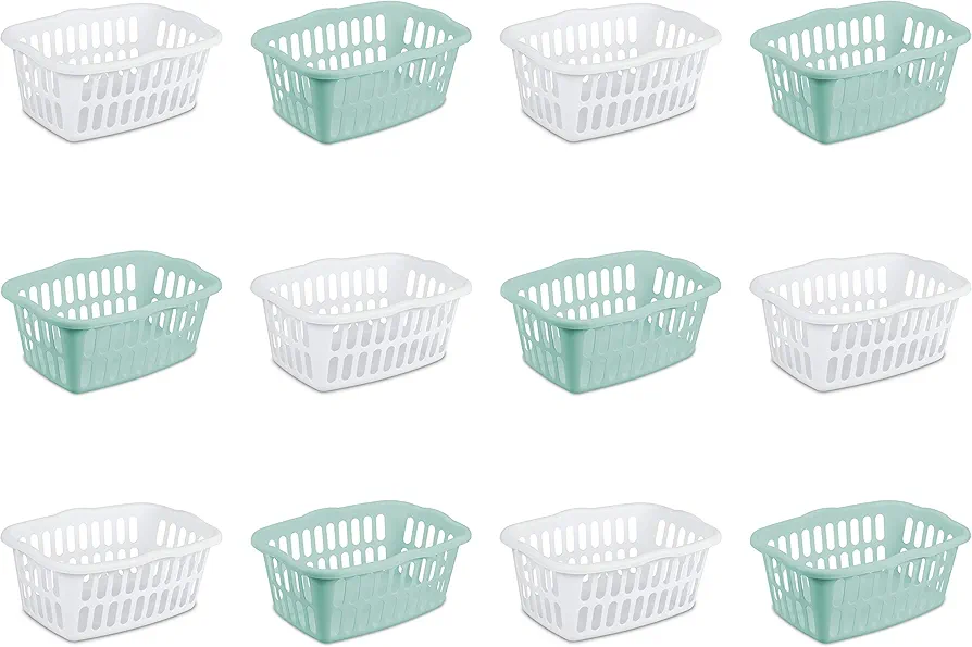 Sterilite 1.5 Bushel Rectangular Laundry Basket, Plastic, Classic Design for Carrying Clothes to and from the Laundry Room, White and Aqua, 12-Pack