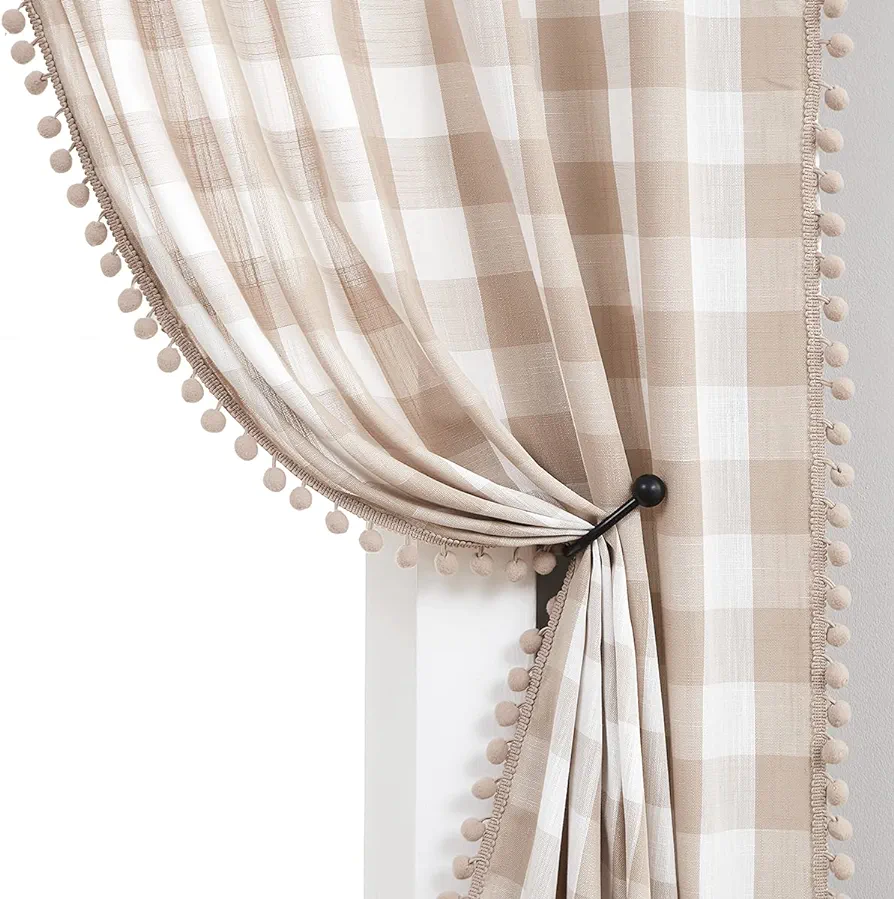 Treatmentex Tan Buffalo Plaid Curtains Pom Pom Window Curtains for Living Room Bedroom Rustic Farmhouse Gingham Check Pattern Semi Sheer Window Drapes, Taupe White Rod Pocket 2 pcs