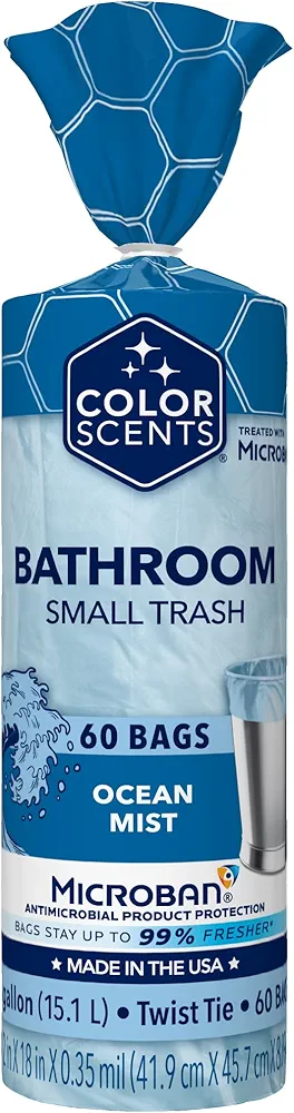 Color Scents Small Trash Bags - 4 Gallon, 60 Bags (1 Pack of 60 Count), Twist Tie - Light Blue in Ocean Mist Scent with Microban