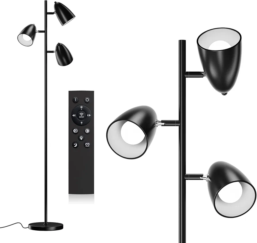 addlon Tree Floor Lamp with remote, 3 Adjustable Rotating Light and Matching LED Bulbs, Standing Tall Pole Lamps for Living Room, Bedroom, Home, Office - Black