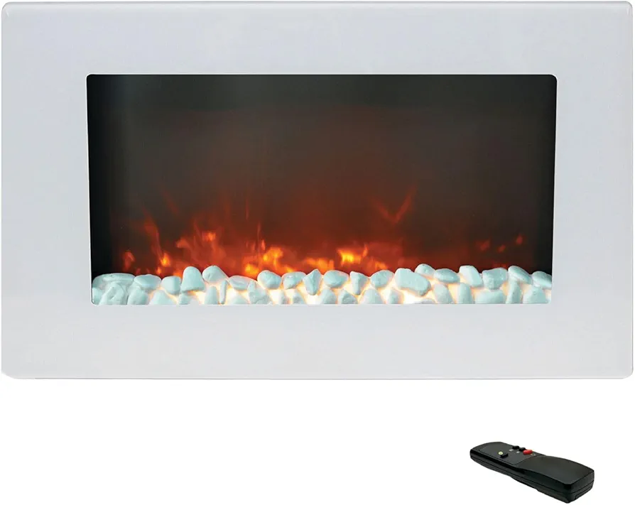 Cambridge Callisto 30 Inch Wall Mounted Flat Panel Electric Fireplace Heater with Remote Control, Realistic Flames, and Crystal Rock Display for Living Room, Bedroom, Home Office, White