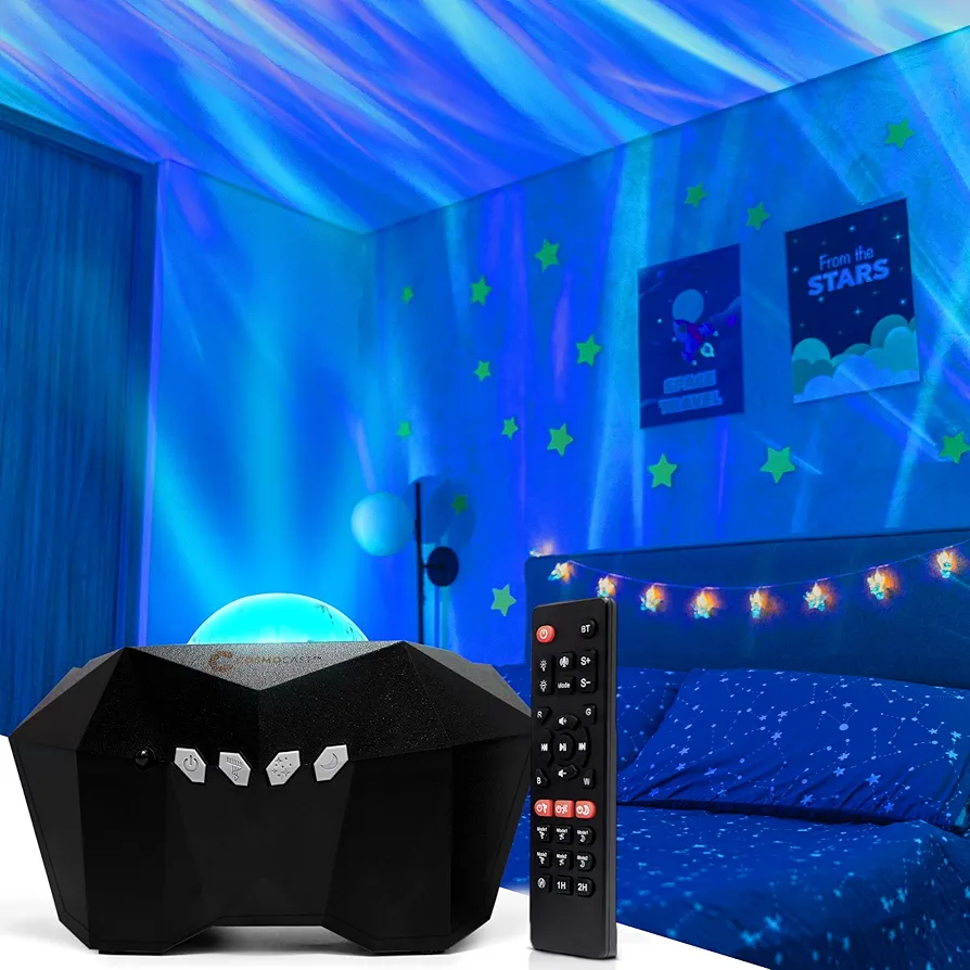 Aurora Borealis Light Projector - Northern Lights Lamp - Galaxy Star Night Light for Bedroom - Room Decor for Teens, Gifts for Gamers, Birthdays - Nebula LED Mood Lighting w/Moon, Bluetooth - Black