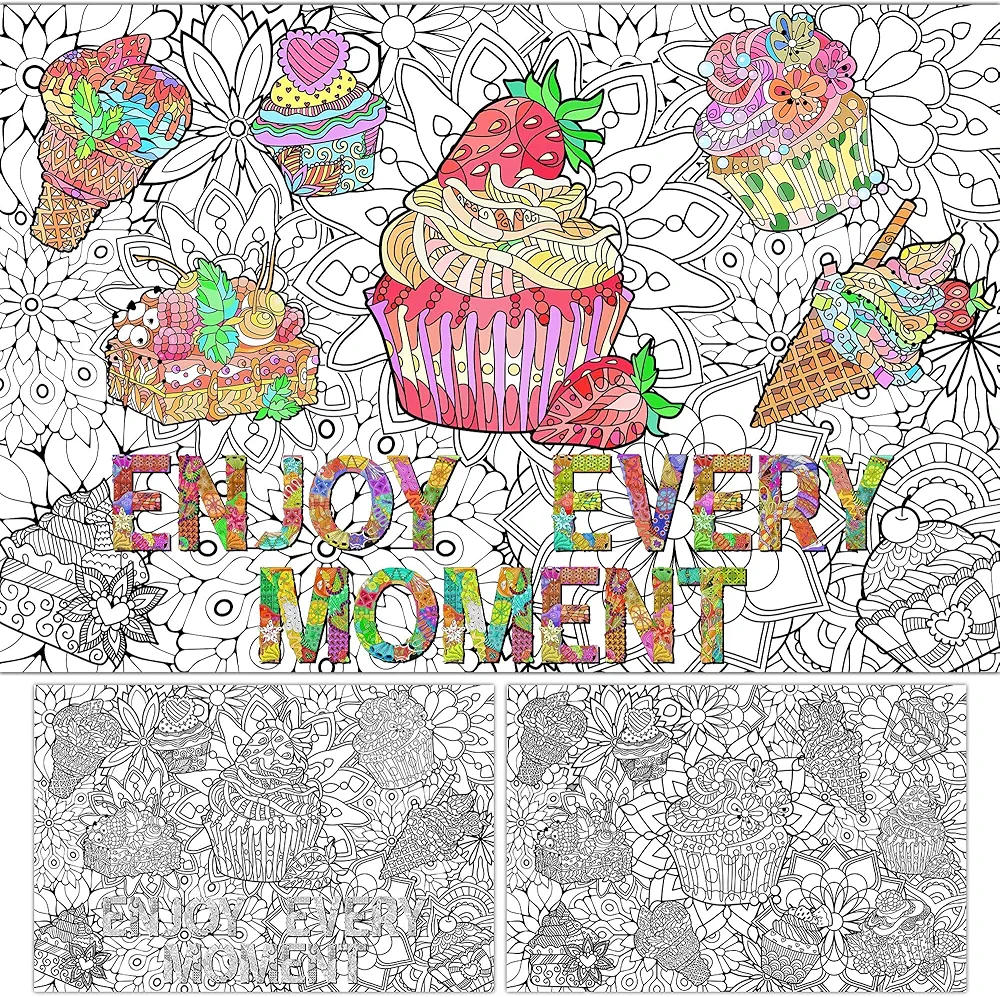 2 Pack Giant Mandala Coloring Posters 39" ×26" inch Large Cupcakes Coloring Posters for Kids Adults Big Coloring Inspirational Poster Jumbo Coloring Tablecloth Huge Crafts Activity for Home Classroom