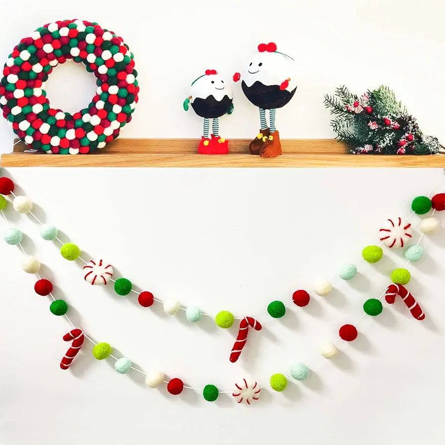 Christmas Felt Ball Garland - Peppermints Candy Cane Pom Pom Garland, Hand-Made from Natural Wool - Cute Hanging Decor for Christmas Tree, Kids Bedroom, Living Room, Nursery Decoration- 6.6 Feet Long