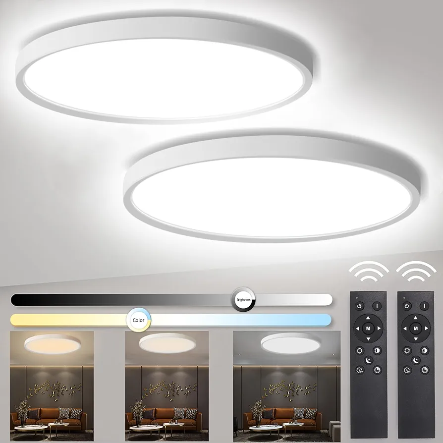 2Packs Dimmable LED Flush Mount Ceiling Light Fixture with Remote Control, 24W 12Inch 3000K-6500K Color Adjustable & Brightness Dimmable Low Profile Ceiling Lights for Bedroom, Kitchen, Living Room