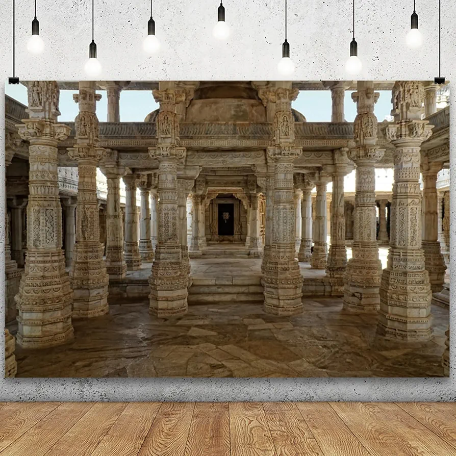 YongFoto Ancient Indian Temple Backdrop 10x8ft Chaumukh Temple Old Religion Hinduism Jaina Historical Carving Marble Columns Sculptures Great Hall Photography Background Room Party Decor Photo Props