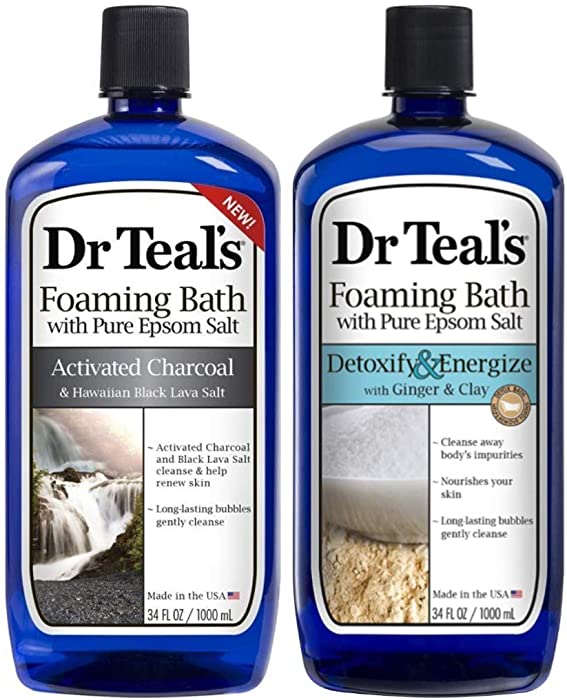 Dr Teal's Foaming Bath Combo Pack (68 fl oz Total), Activated Charcoal & Hawaiian Black Lava Salt, and Detoxify & Energize with Ginger & Clay