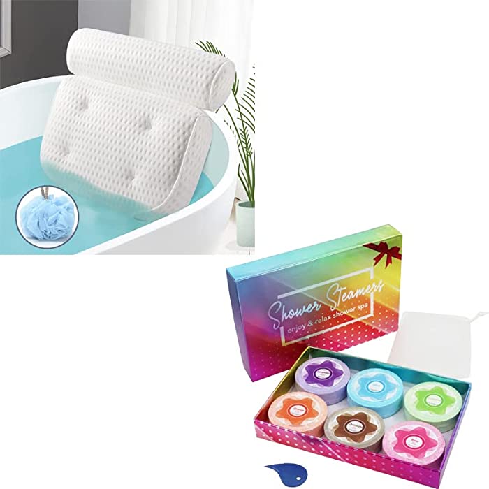 Bath Pillow for Tub Ergonomic Non-Slip Bathtub Pillow & Shower Steamers Aromatherapy 50g- Shower Bombs with Essential Oil Pack of 6