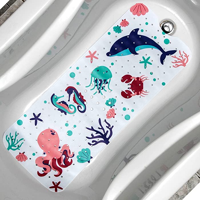 Bathtub Mat for Kids, Toddler, Baby and All The Family, Bath Mat for Tub, Sea Cartoon Design Octopus, Dolphin, Seahorse and Crab, 40x16, XL Size, Machine Washable, Anti-Slip