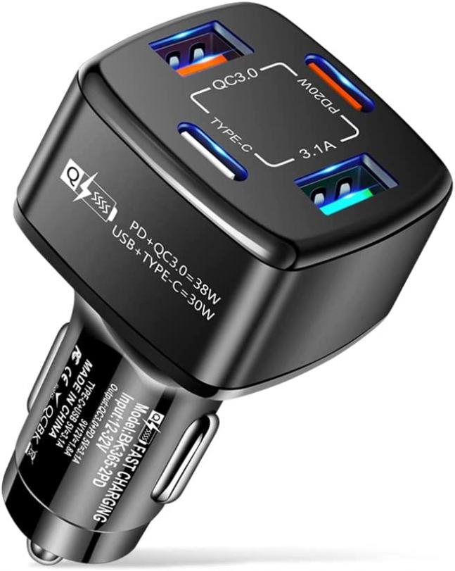 4-Port USB C Car Charger, PD & QC3.0 38W Fast Charging 4 USB Car Charger Adapter, Suitable for iPhone & Android,Samsung Galaxy S10 S9 Plus (Black)