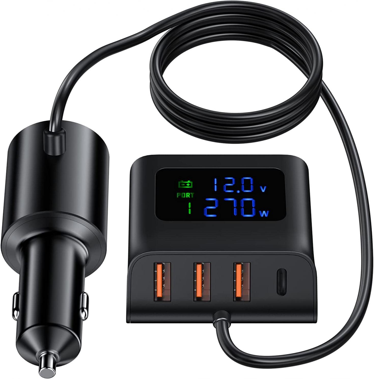 ACEFAST 4 Ports Fast Car Charger Max 90W Output with LED Digital Display, Multi Ports USB Hub Adapter Fast Charging with 60W Cigarette Lighter Output for Cell Phones