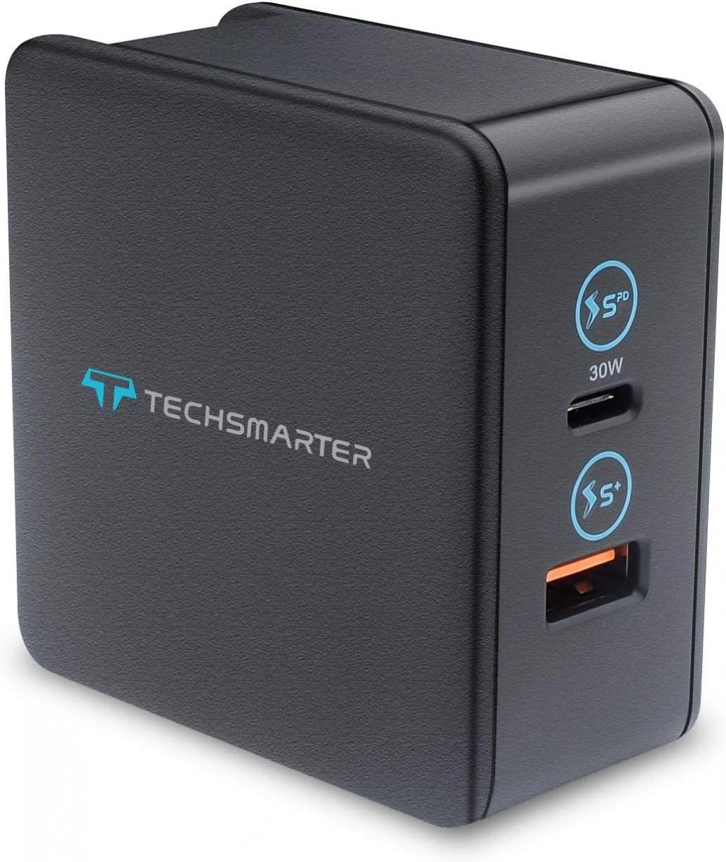 Techsmarter 48W Dual USB-C PD Wall Charger with 30W Power Delivery and 18W USB Ports. Compatible with iPhone 13, 12, 11, XS, XR, X, 8, iPad, MacBook, Samsung S20, S10, S9, S8, S7 Note 8,9,10, Android