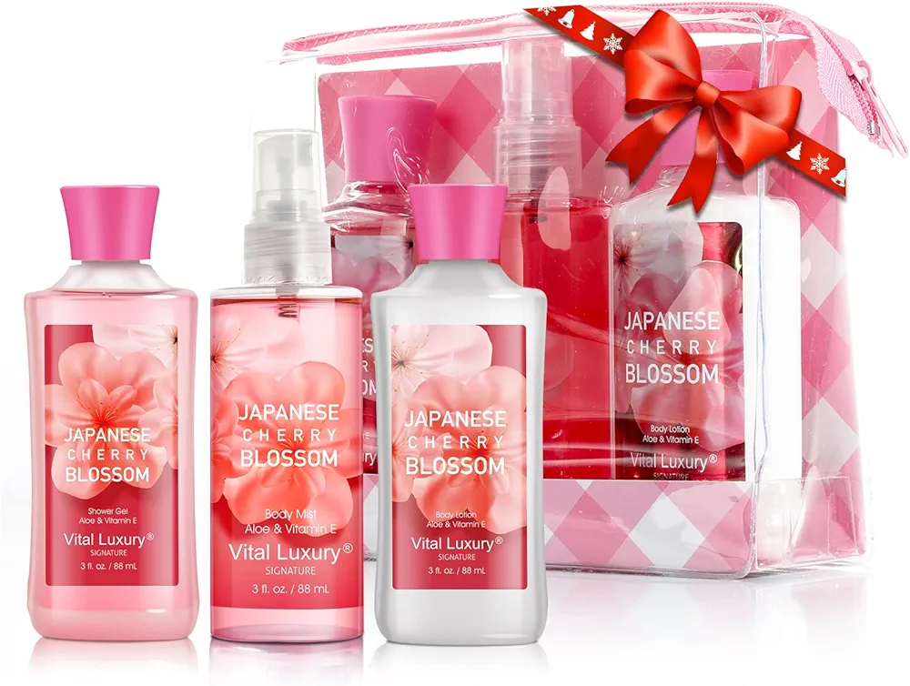 Vital Luxury Bath & Body Care Travel Set - Home Spa Set with Body Lotion, Shower Gel and Fragrance Mist, Valentines Day Gifts for Her and Him(Japanese Cherry Blossom)