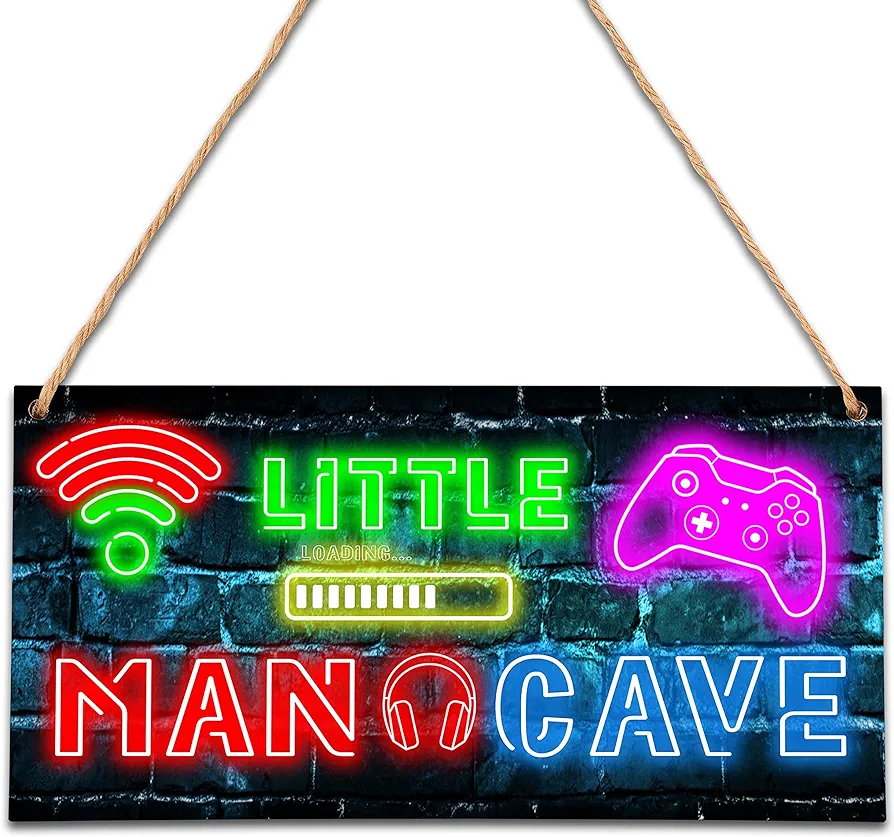 Little Man Cave, Neon Gaming Wooden Door Sign for Gamer Room Decor, Boys Decorations for Bedroom Nursery Playroom Wall Art (5"x10") -A06