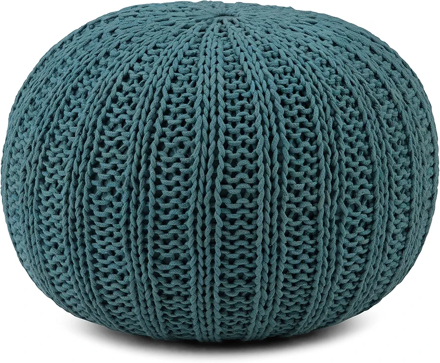 SIMPLIHOME Shelby Round Hand Knit Pouf, Footstool, Upholstered in Teal Cotton, for the Living Room, Bedroom and Kids Room, Transitional, Boho