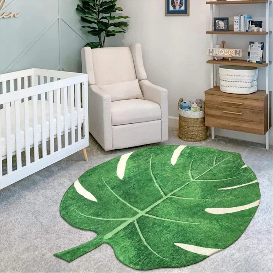 LIVEBOX Monstera Area Rug 44"x55", Soft Washable Nursery Rug Non-Slip Play Mat for Baby Kids Room Playroom Boho Green Leaf Carpet for Living Room Bedroom Entryway