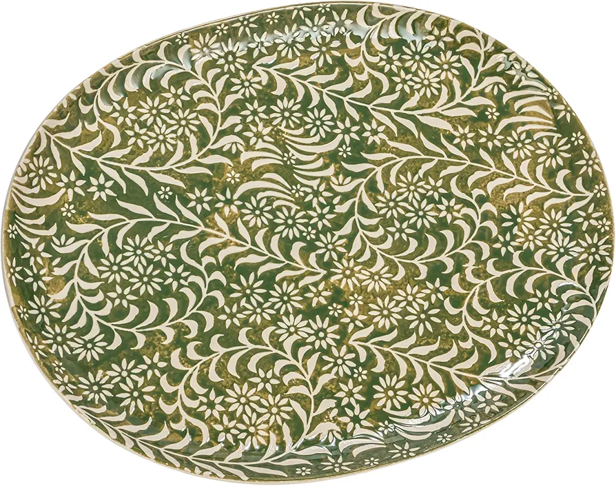 Creative Co-Op Stoneware Platter with Wax Relief Botanicals, Green