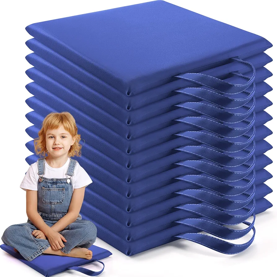 12 Pcs 12'' Floor Cushions for Classroom Flexible Floor Seating with Handles Classroom Carpet Cushions for Kids Toddlers Daycare Preschool Furniture (Navy,Square)