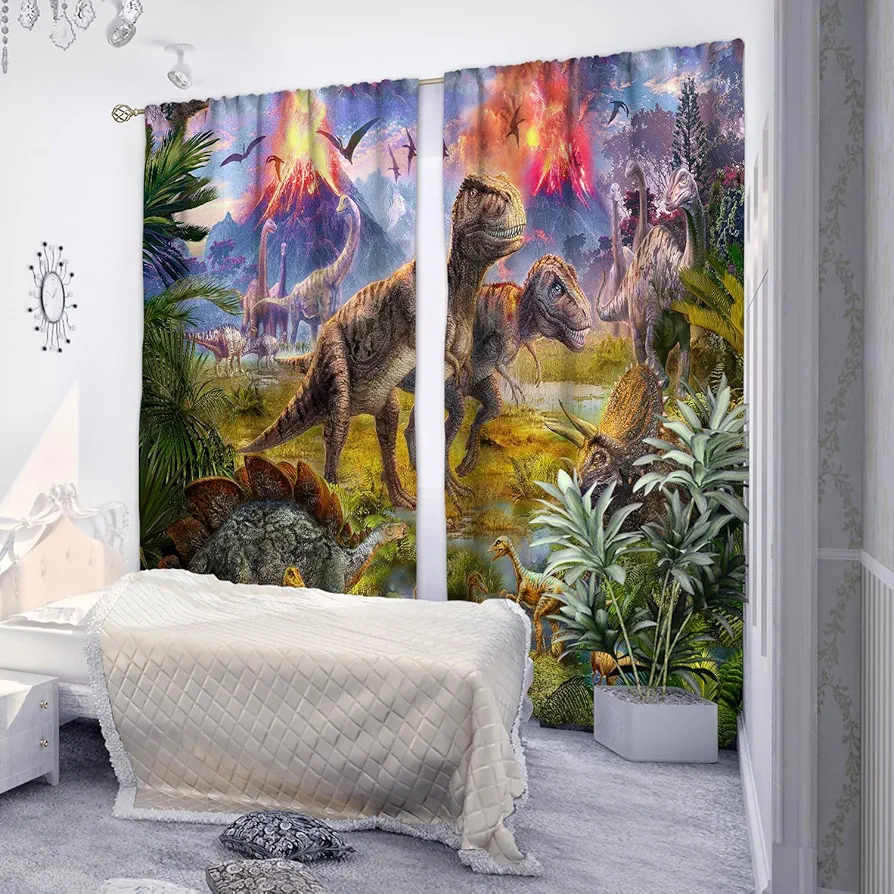 Cartoon Dinosaur Curtains for Kids Room, 3D Jurassic Animals Pattern Window Curtain Panels Home Decor for Girls Boy Bedroom Living Room Rod Pocket 2 Panels W33.5*H79 (Volcanoes T-Rex)