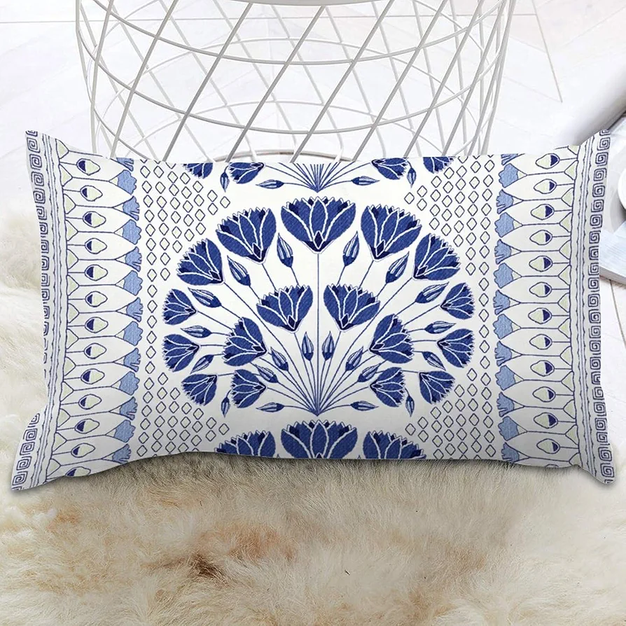 ArogGeld Blue and White Cairo Throw Pillow Cover Chinoiserie Lumbar Cushion Cover 12x20in Decorative Pillow Home Cotton Linen Culture Cushion Cover for Sofa Living Room Bedroom Decor