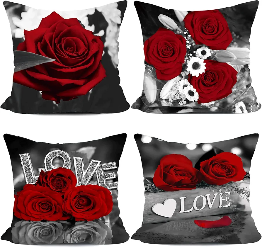 Red Throw Pillow Covers Set of 4 18x18 Red Rose Gray Decorative Couch Pillow Covers for Living Room Bedroom Outdoor Pillow Covers Red Flower Linen Spring Summer Pillow Covers Floral Black Red