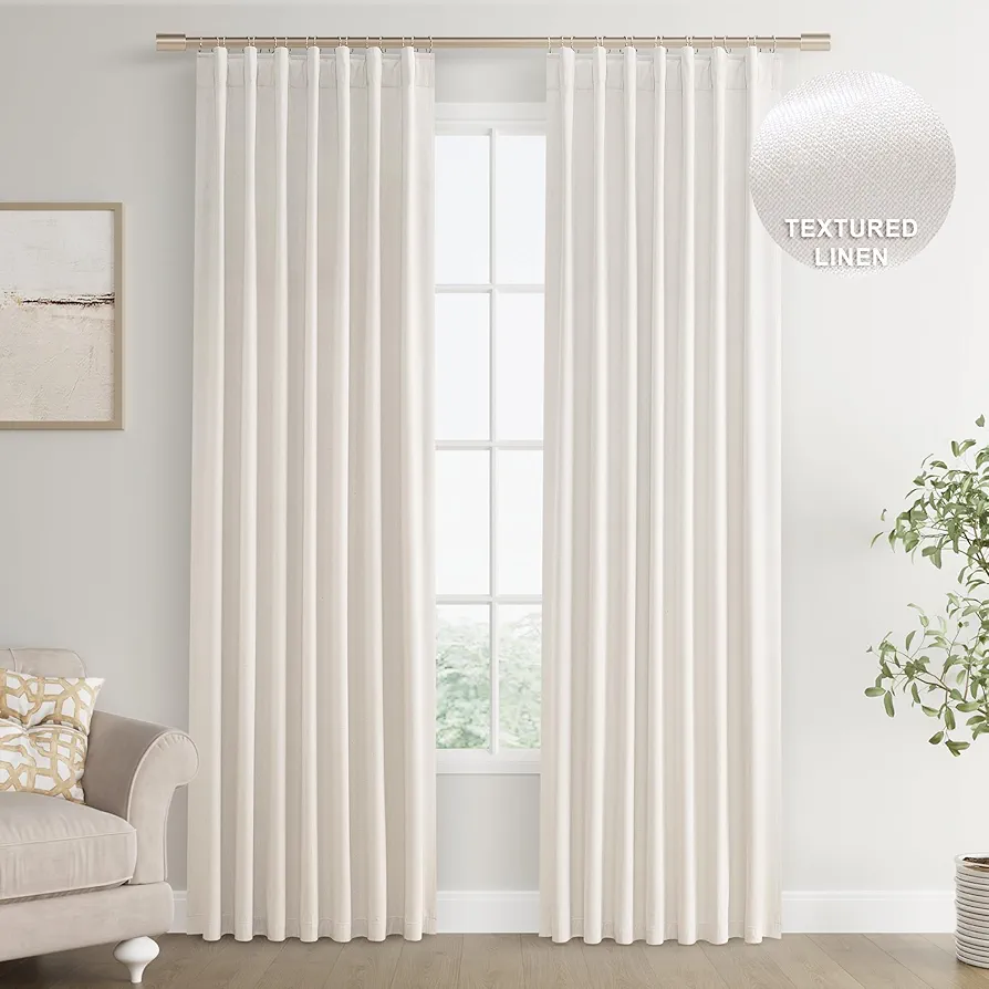 Joywell Linen 100% Blackout Curtains 96 Inches Long, Rod Pocket/Back Tab/Hook Belt/Clip Rings, Sun Light Blocking Drapes Boho for Bedroom Living Room Sliding Door (2 Panels,52 x 96,Ivory)