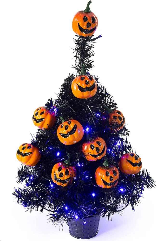 Sunnyglade 21.6” 30 LED Halloween Black Spooky Tree Glittered with Purple Lights & 12 Pumpkin Decorations,Battery Powered for Halloween Indoor Tabletop Decoration