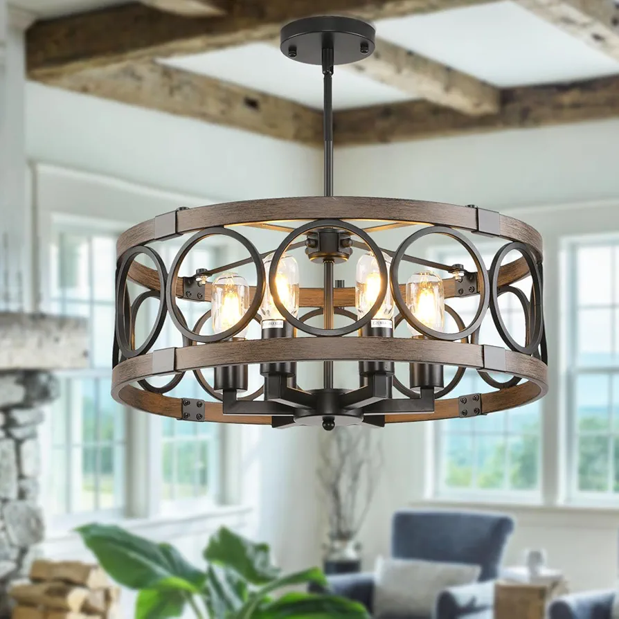 Semi FLush Mount Ceilnig Light,6-Light Farmhouse Chandelier Rustic,Modern Light Fixture Ceiling Mount Round Metal Vintage Chandelier Dining Room Light Fixtures for Kitchen