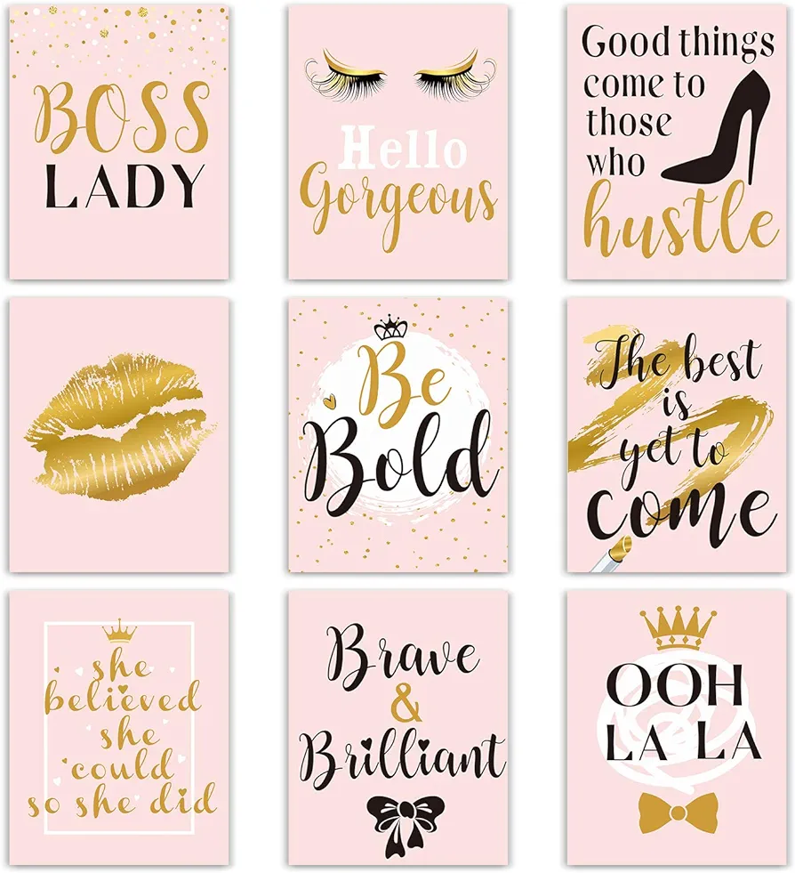 Inspiration Wall Decor, 9 Pieces Bedroom Decor for Women, Pink and Gold Makeup Lash Lips Wall Art Poster, Motivational Quotes Fashion Prints for Women Bathroom Home Decor, 8 x 10 Inch, Unframed