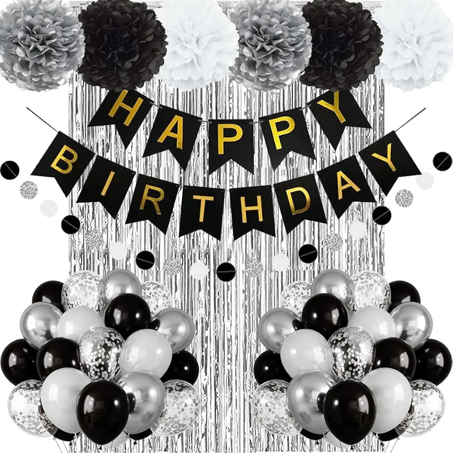 Birthday Decorations for Men Women, Black and Silver Happy Birthday Party Decorations for Boys Girls, Black and White Birthday Party Supplies Him Her 13th 15th 16th 18th 20th 21st 25th 30th 40th 50th