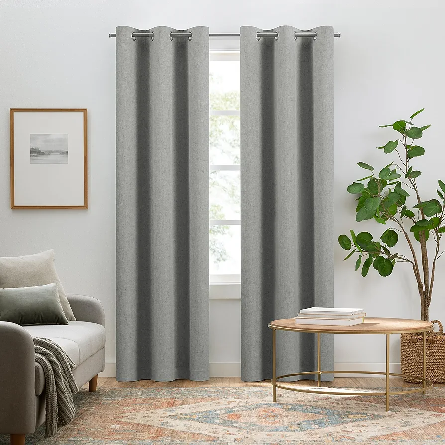 Eclipse Pembroke 100% Blackout, Faux Linen Grommet Window Curtains, 63 in long x 42 in wide, Thermal Insulated and Noise Reducing Curtains for Living Room, Bedroom, 2 Curtain Panels, Grey