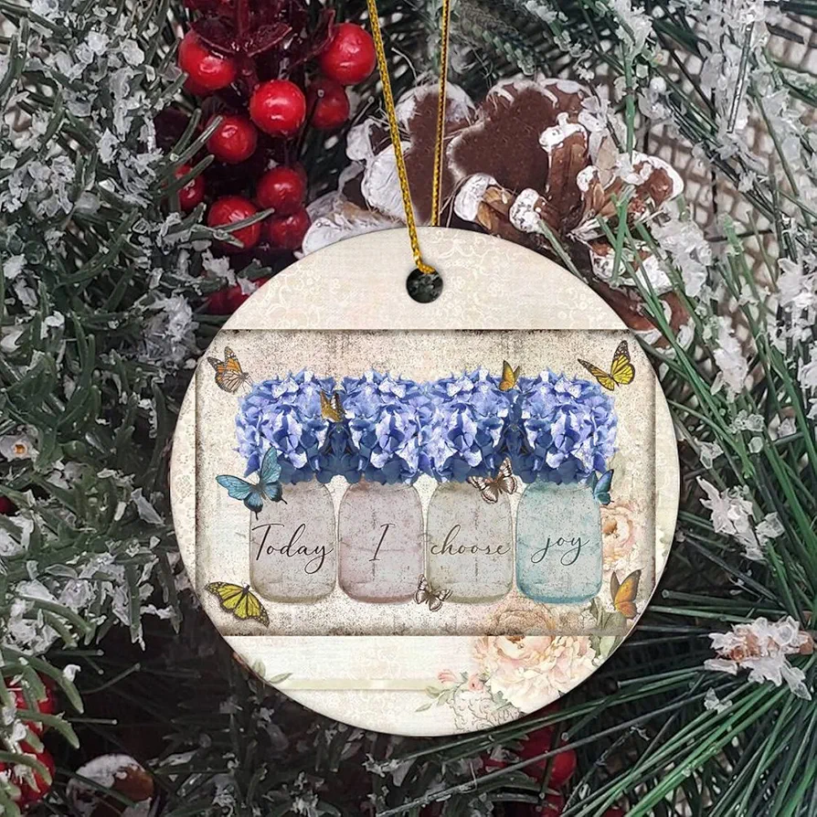 Ceramic Ornament Today I Choose Joy Rustic Hummingbirds Flowers Purple Hydrangea Christmas Souvenirs Decorative Hanging Ornaments for Living Room Decor Anniversary Keepsake 3 Inch Pendant.