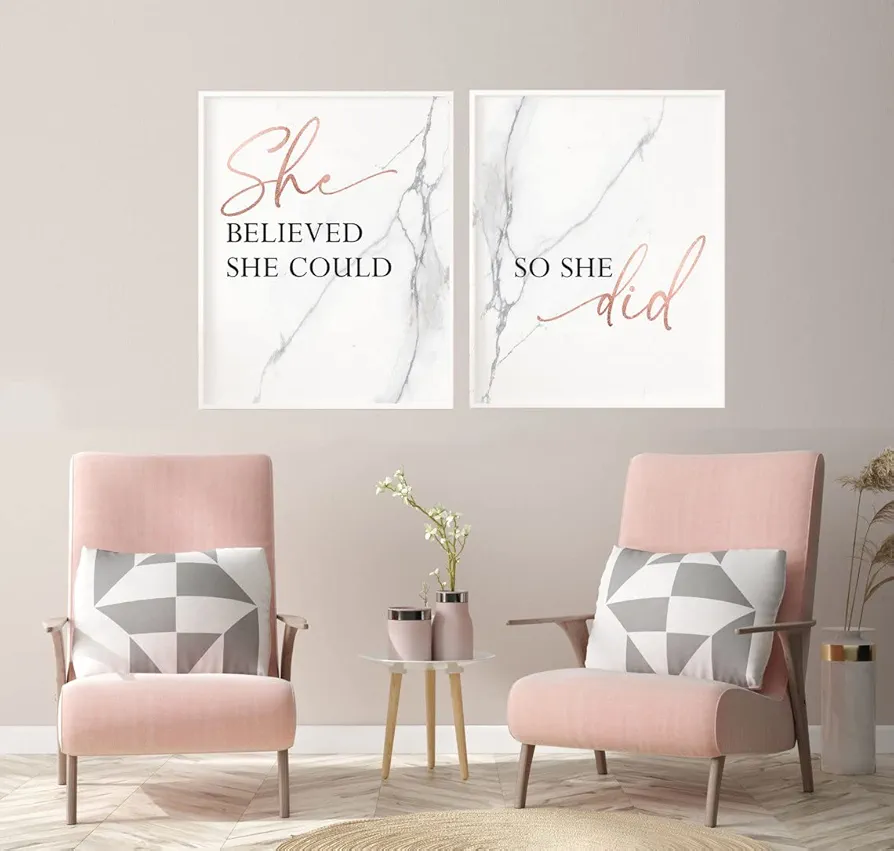 NATVVA She Believed She Could So She Did Wall Art Poster Canvas Prints Pink Rose Gold Painting Picture Artwork Home Decor For Living Room Office Bedroom No Frame