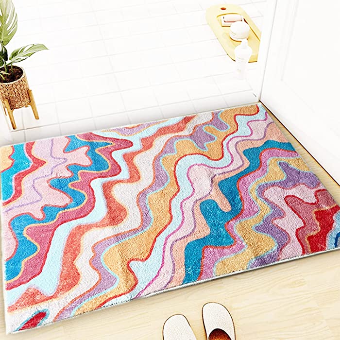 Abstract Rainbow Bathroom Rug Faux Wool Area Rug Soft Non-Slip Bath Rugs Modern Geometric Bath Mat Cute Bathroom Rugs Machine Washable Floor Mat Carpet for Bedroom Bathroom Sink,24''x36''