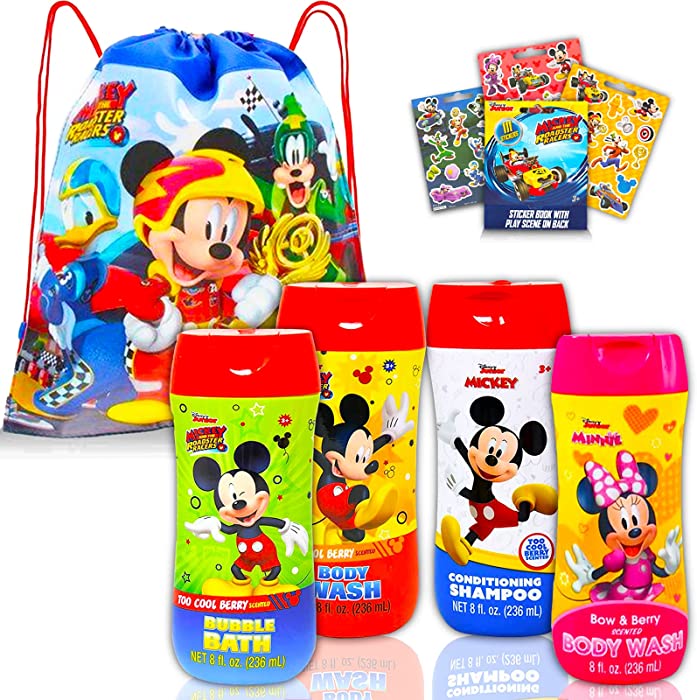 Disney Bundle Mickey and Minnie Mouse Bathroom Set for Kids, Toddlers ~ 6 Pc Disney Accessories Bundle with Body Wash, Bubble Bath, and More (Mickey and Minnie Bath Toys) Disney Bathroom set