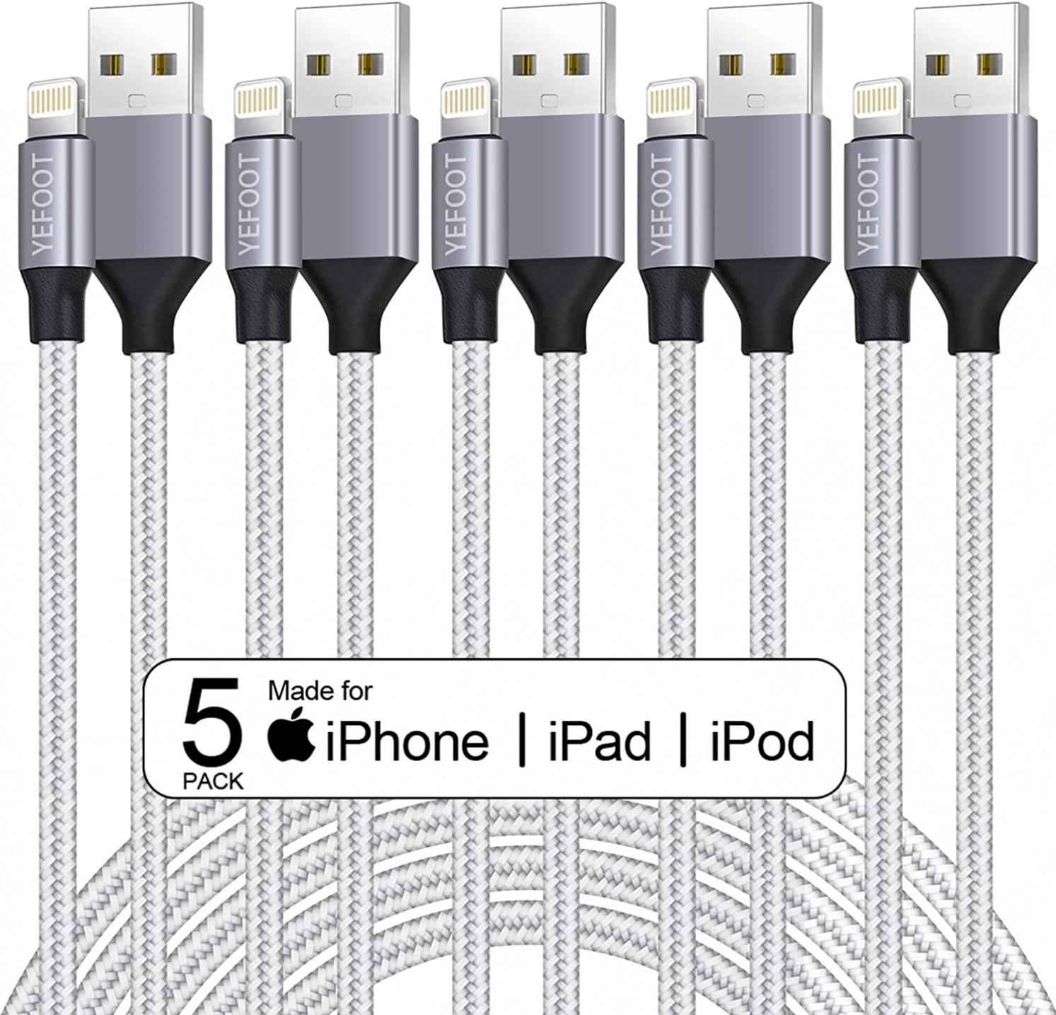 [Apple MFi Certified] 5Pack(3/3/6/6/10FT) iPhone Charger Nylon Braided Fast Charging Lightning Cable Compatible iPhone 14Pro/14/13Pro/13/12Pro/12/11and More-Silver&White